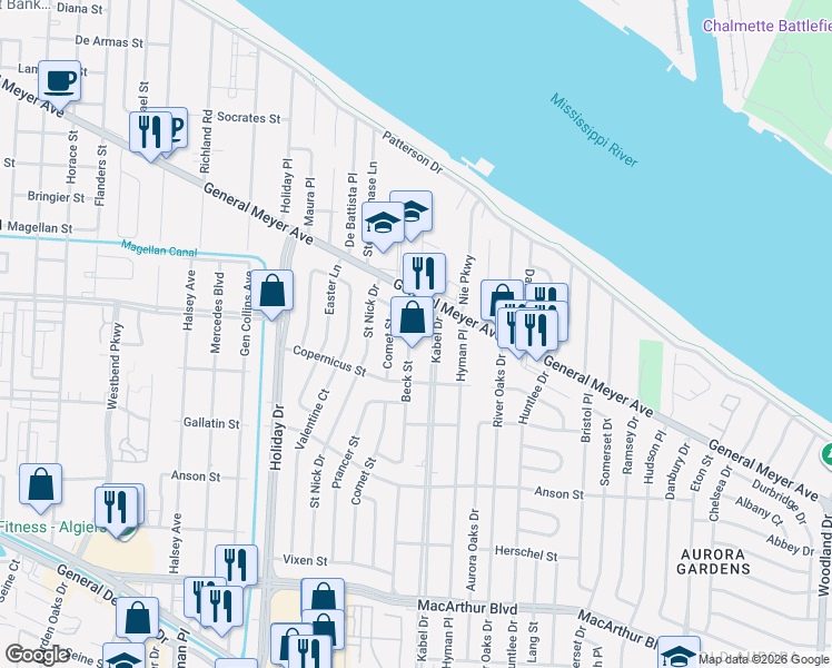 map of restaurants, bars, coffee shops, grocery stores, and more near 1119 Kabel Drive in New Orleans