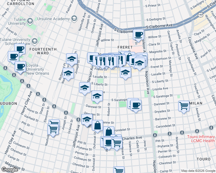 map of restaurants, bars, coffee shops, grocery stores, and more near 5035 Loyola Avenue in New Orleans