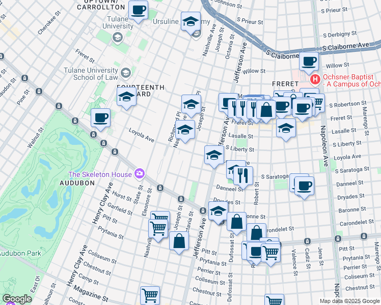 map of restaurants, bars, coffee shops, grocery stores, and more near 5625 Loyola Avenue in New Orleans