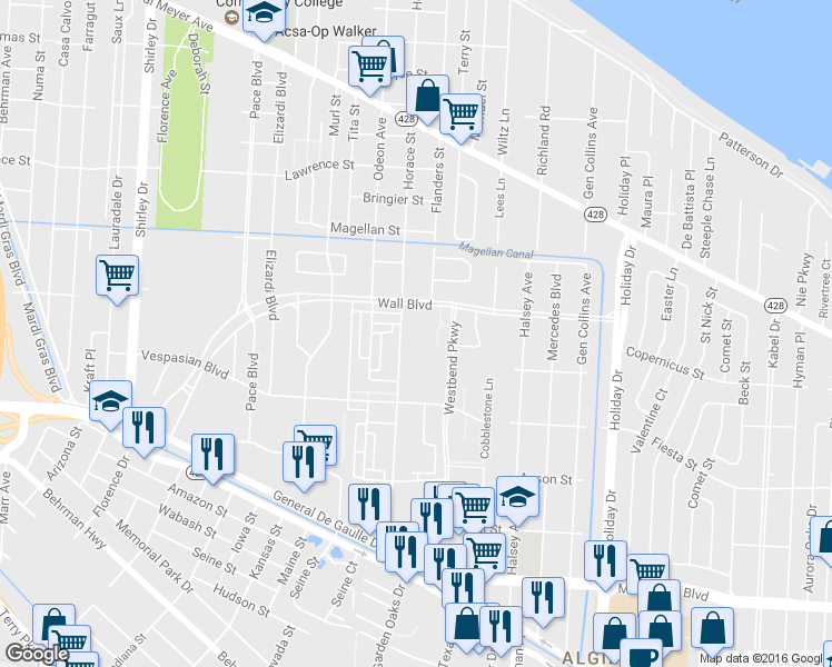 map of restaurants, bars, coffee shops, grocery stores, and more near 9999 Cypress Acres Drive in New Orleans