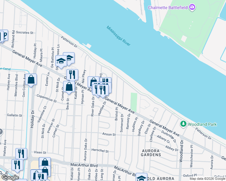 map of restaurants, bars, coffee shops, grocery stores, and more near 220 Roselyn Park Place in New Orleans