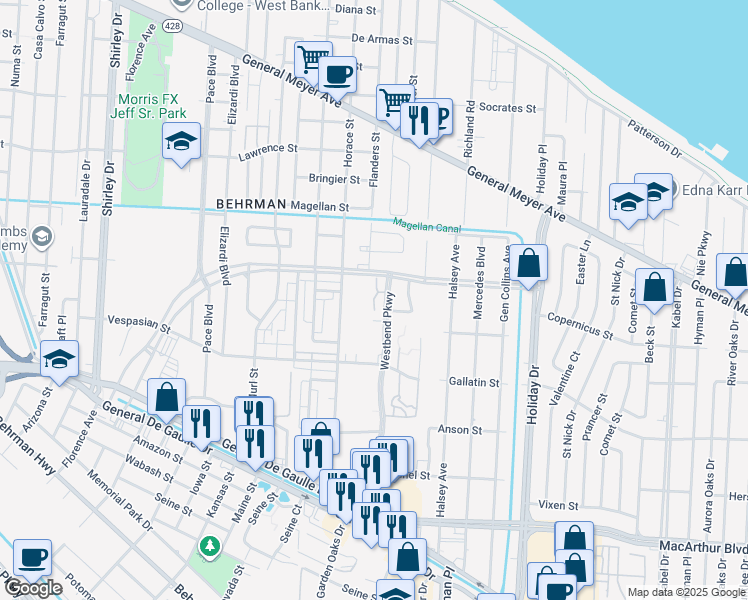 map of restaurants, bars, coffee shops, grocery stores, and more near 9999 Cypress Acres Drive in New Orleans