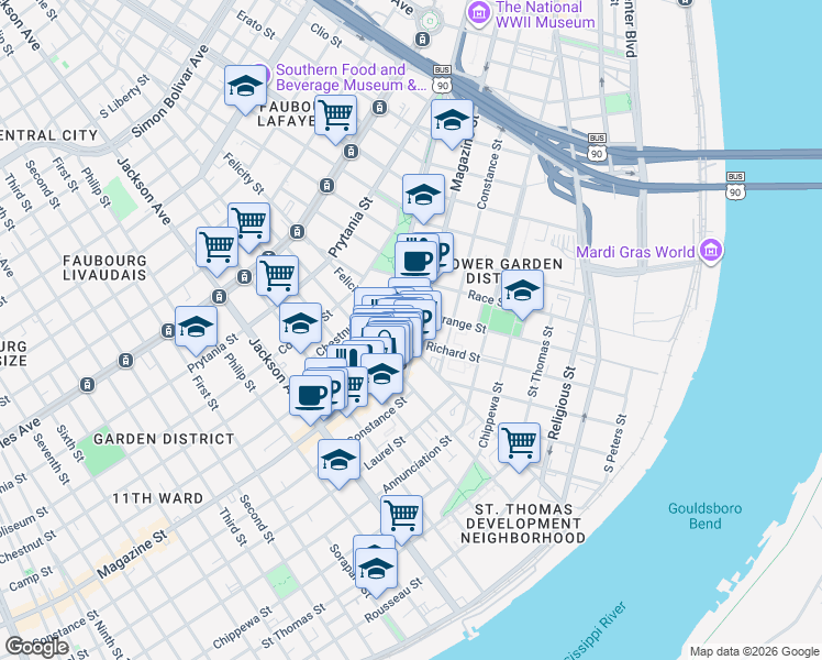map of restaurants, bars, coffee shops, grocery stores, and more near in New Orleans