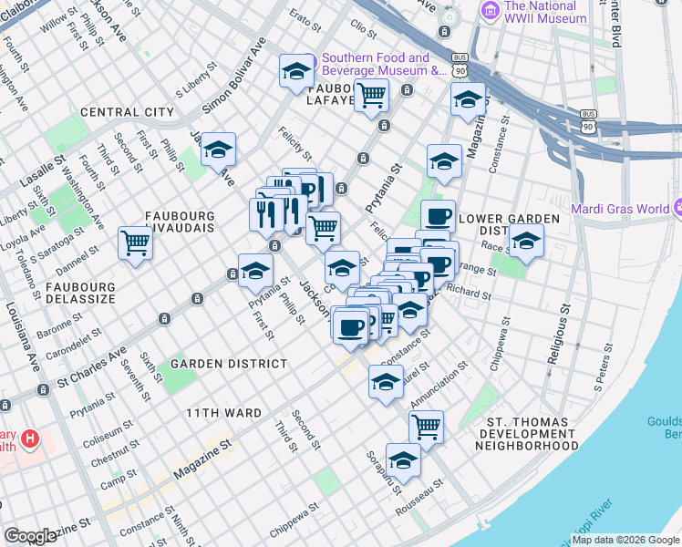 map of restaurants, bars, coffee shops, grocery stores, and more near 1400 Josephine Street in New Orleans