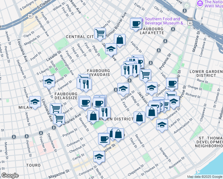 map of restaurants, bars, coffee shops, grocery stores, and more near 2501 Saint Charles Avenue in New Orleans