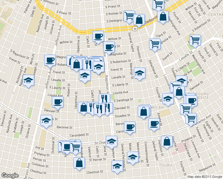 map of restaurants, bars, coffee shops, grocery stores, and more near 4321 Loyola Avenue in New Orleans