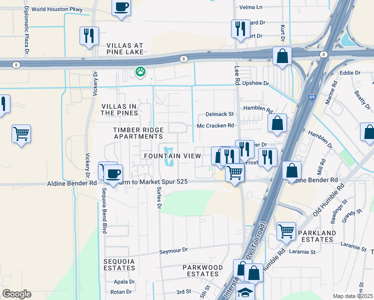 map of restaurants, bars, coffee shops, grocery stores, and more near 5522 Cannonway Drive in Houston