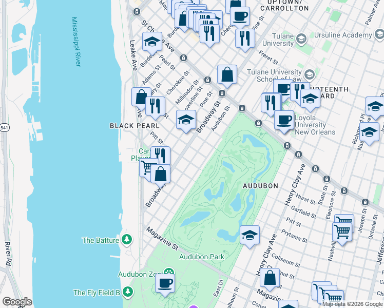 map of restaurants, bars, coffee shops, grocery stores, and more near 421 Audubon Street in New Orleans