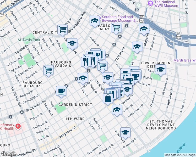 map of restaurants, bars, coffee shops, grocery stores, and more near 1436 Jackson Avenue in New Orleans
