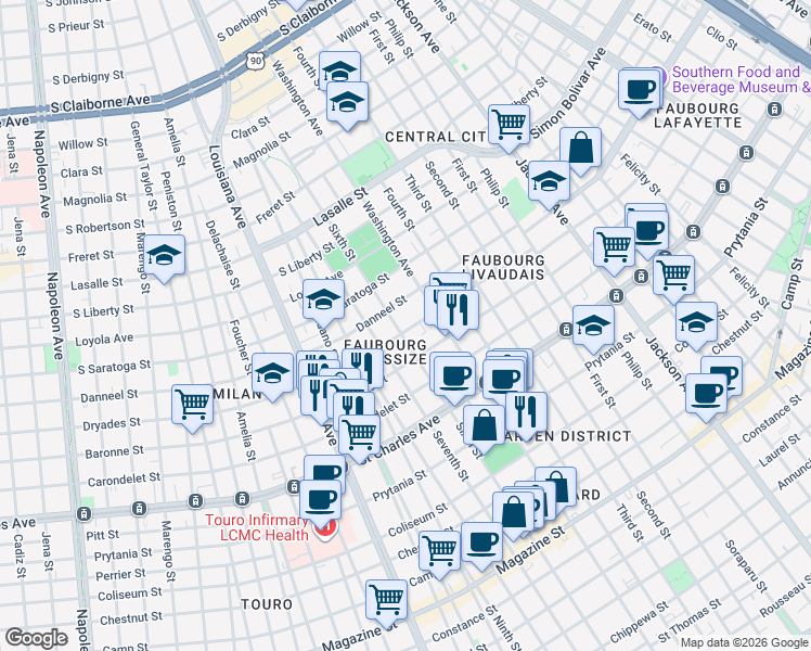 map of restaurants, bars, coffee shops, grocery stores, and more near 2839 Baronne Street in New Orleans