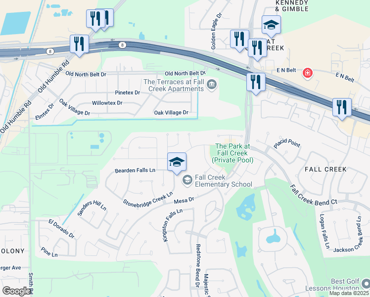 map of restaurants, bars, coffee shops, grocery stores, and more near 14610 Fall Creek Bend Court in Humble