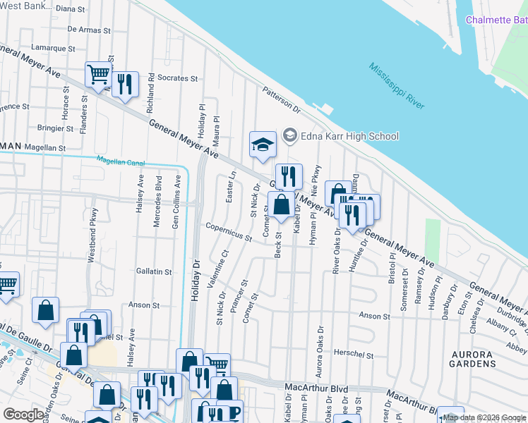 map of restaurants, bars, coffee shops, grocery stores, and more near 2100 Comet Street in New Orleans