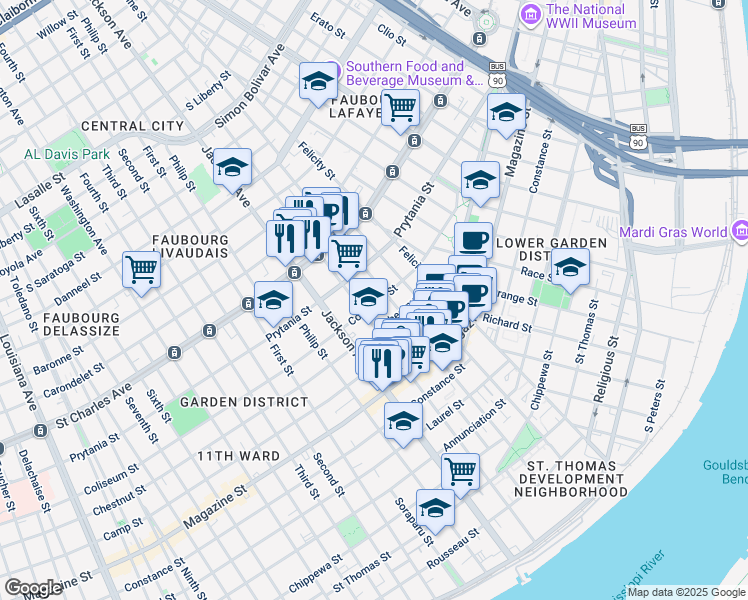 map of restaurants, bars, coffee shops, grocery stores, and more near 1400 Josephine Street in New Orleans