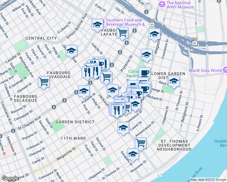 map of restaurants, bars, coffee shops, grocery stores, and more near 1400 Josephine Street in New Orleans