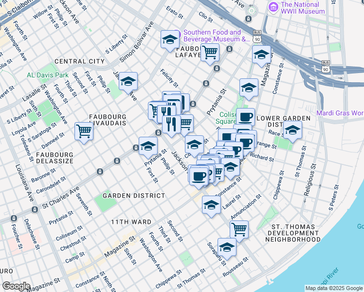 map of restaurants, bars, coffee shops, grocery stores, and more near 1400 Josephine Street in New Orleans