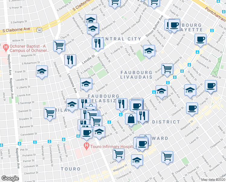 map of restaurants, bars, coffee shops, grocery stores, and more near 2839 Baronne Street in New Orleans