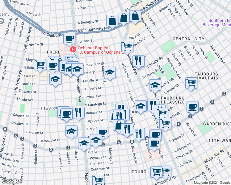 map of restaurants, bars, coffee shops, grocery stores, and more near 2133 General Taylor in New Orleans