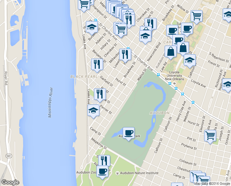 map of restaurants, bars, coffee shops, grocery stores, and more near 353 Broadway Street in New Orleans