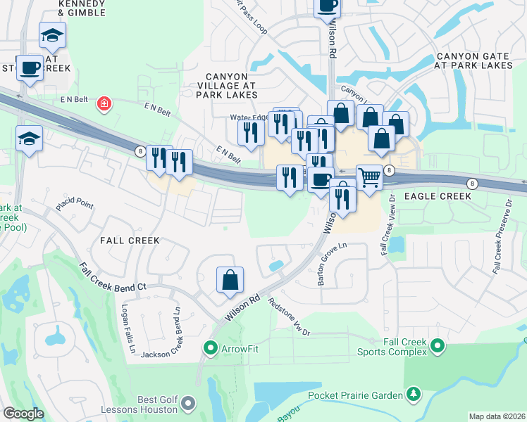 map of restaurants, bars, coffee shops, grocery stores, and more near 9211 Mystic Falls Lane in Humble