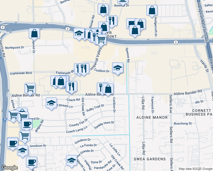 map of restaurants, bars, coffee shops, grocery stores, and more near 16001 Cotillion Drive in Houston