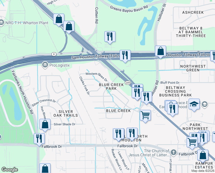 map of restaurants, bars, coffee shops, grocery stores, and more near 13619 Galena Creek Drive in Houston