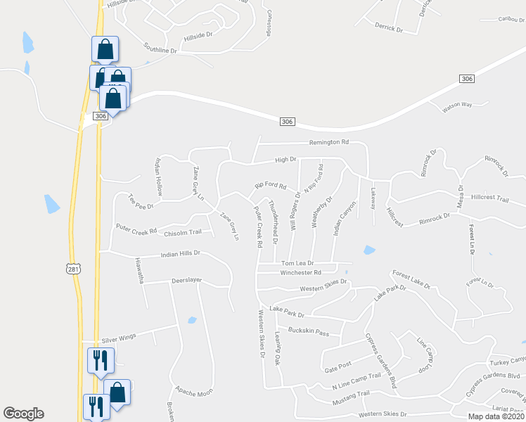 map of restaurants, bars, coffee shops, grocery stores, and more near 312 Thunderhead Drive in Spring Branch