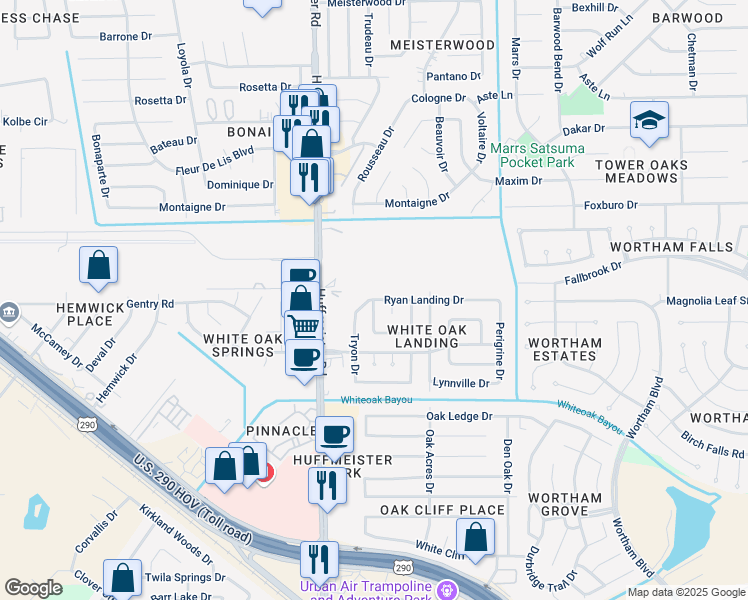 map of restaurants, bars, coffee shops, grocery stores, and more near 21414 Ryan Trails Drive in Houston