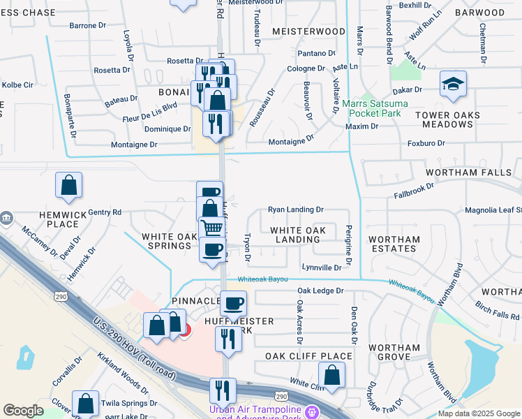 map of restaurants, bars, coffee shops, grocery stores, and more near 21411 Ryan Trails Drive in Houston