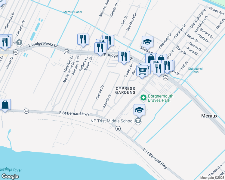 map of restaurants, bars, coffee shops, grocery stores, and more near 2324 Aramis Drive in Meraux