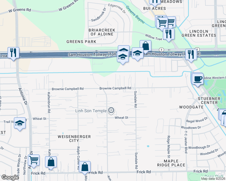 map of restaurants, bars, coffee shops, grocery stores, and more near 13626 Ann Louise Road in Houston