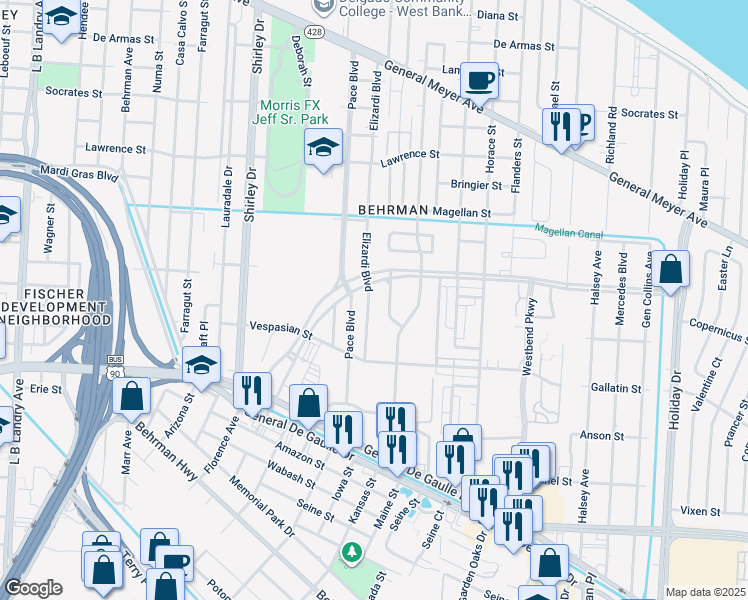 map of restaurants, bars, coffee shops, grocery stores, and more near 1928 Elizardi Boulevard in New Orleans