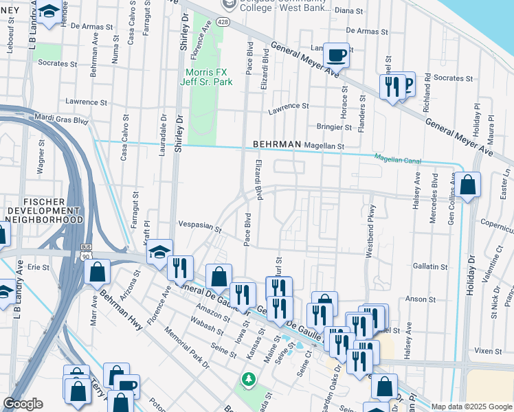 map of restaurants, bars, coffee shops, grocery stores, and more near 1951 Elizardi Boulevard in New Orleans