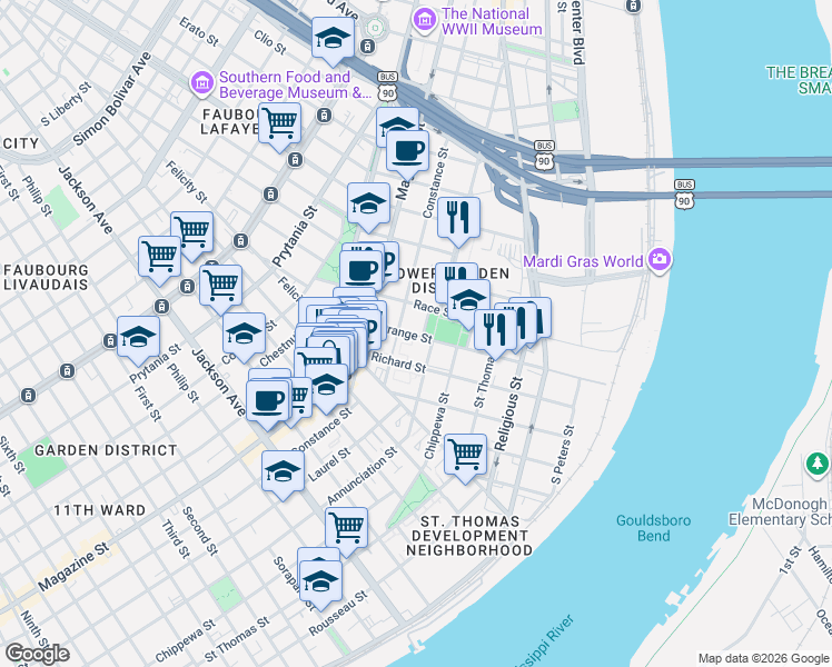 map of restaurants, bars, coffee shops, grocery stores, and more near 1558 Annunciation Street in New Orleans