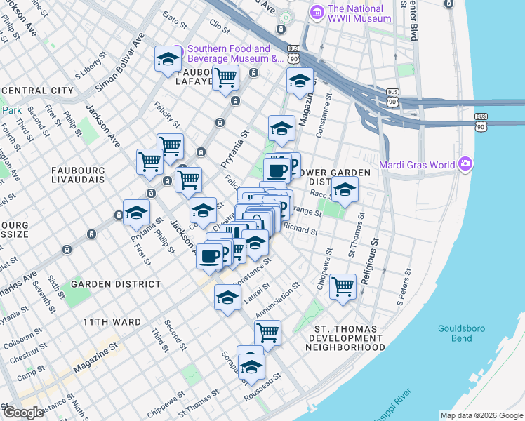 map of restaurants, bars, coffee shops, grocery stores, and more near in New Orleans