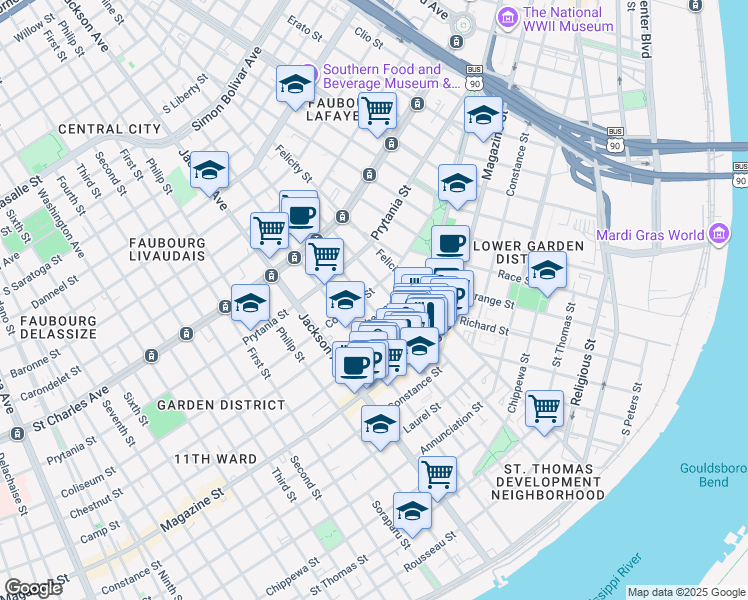 map of restaurants, bars, coffee shops, grocery stores, and more near 1300 Saint Andrew Street in New Orleans