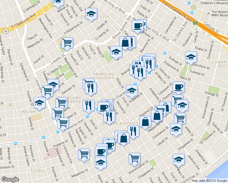 map of restaurants, bars, coffee shops, grocery stores, and more near 2501 Saint Charles Avenue in New Orleans
