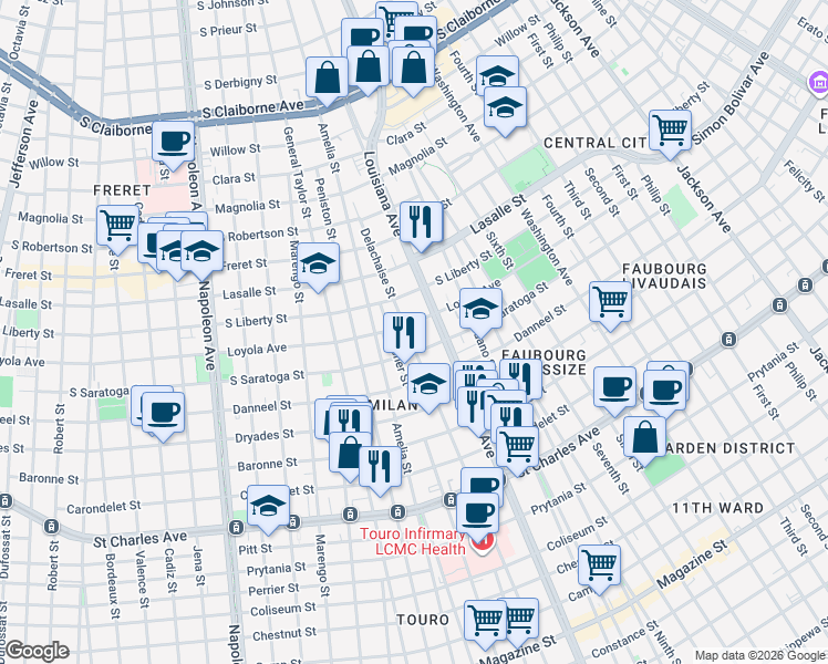 map of restaurants, bars, coffee shops, grocery stores, and more near 3429 South Saratoga Street in New Orleans