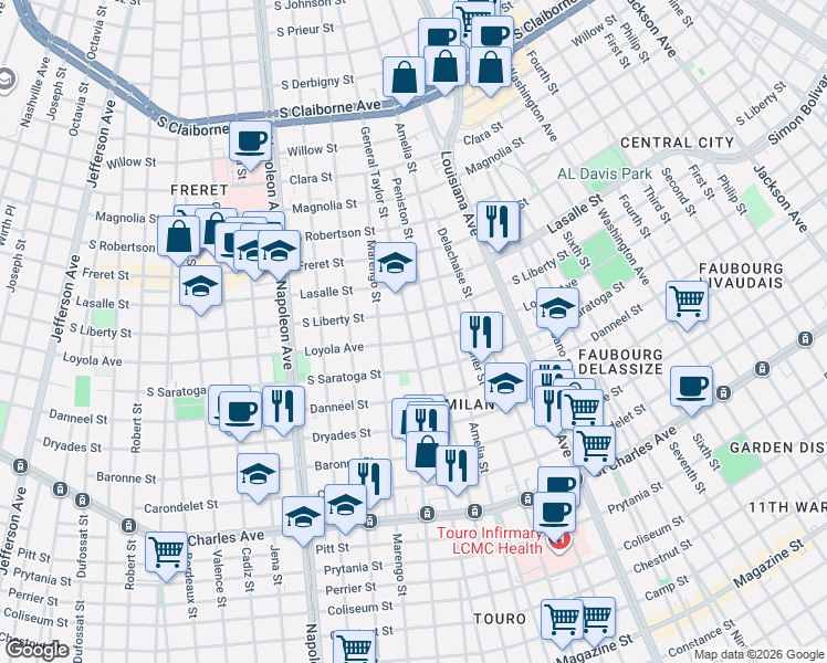 map of restaurants, bars, coffee shops, grocery stores, and more near 2133 General Taylor in New Orleans