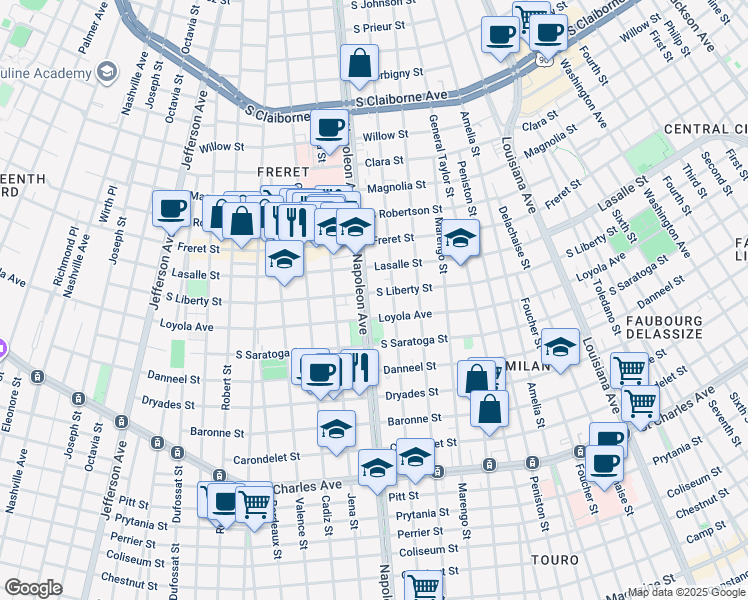 map of restaurants, bars, coffee shops, grocery stores, and more near 4321 Loyola Avenue in New Orleans