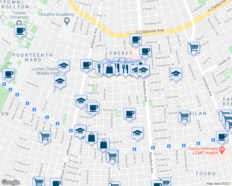 map of restaurants, bars, coffee shops, grocery stores, and more near in New Orleans