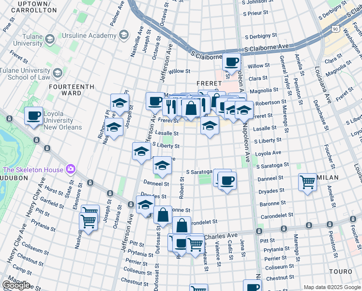 map of restaurants, bars, coffee shops, grocery stores, and more near 4917 Loyola Avenue in New Orleans