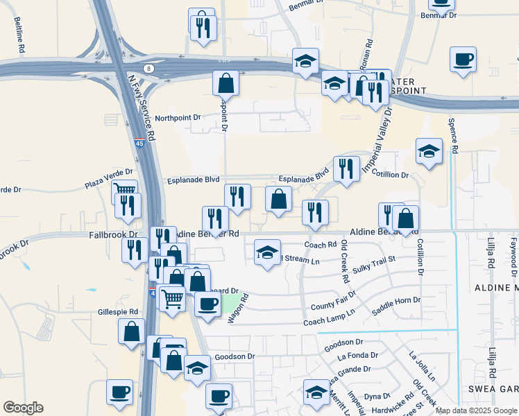 map of restaurants, bars, coffee shops, grocery stores, and more near 131 Aldine Bender Road in Houston