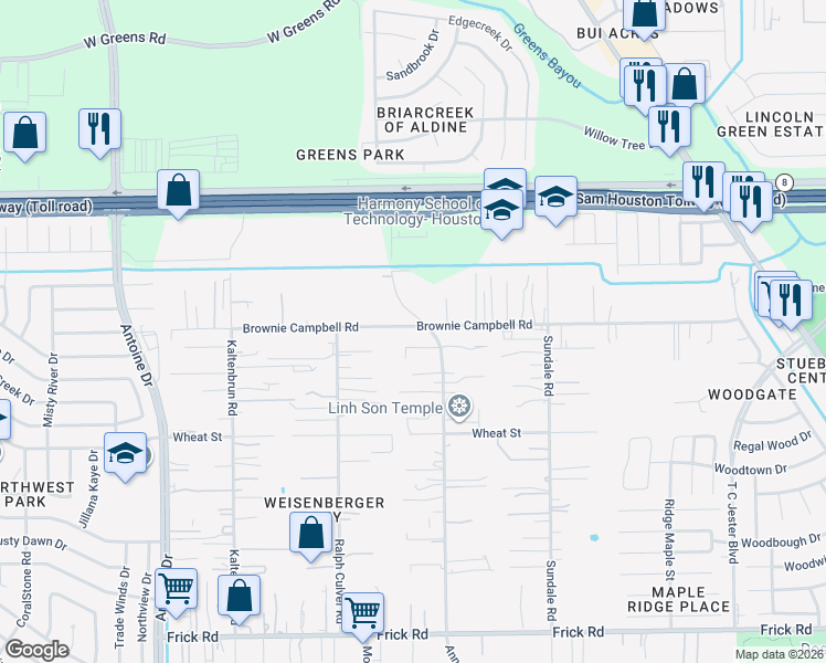 map of restaurants, bars, coffee shops, grocery stores, and more near 13621 Ann Louise Road in Houston