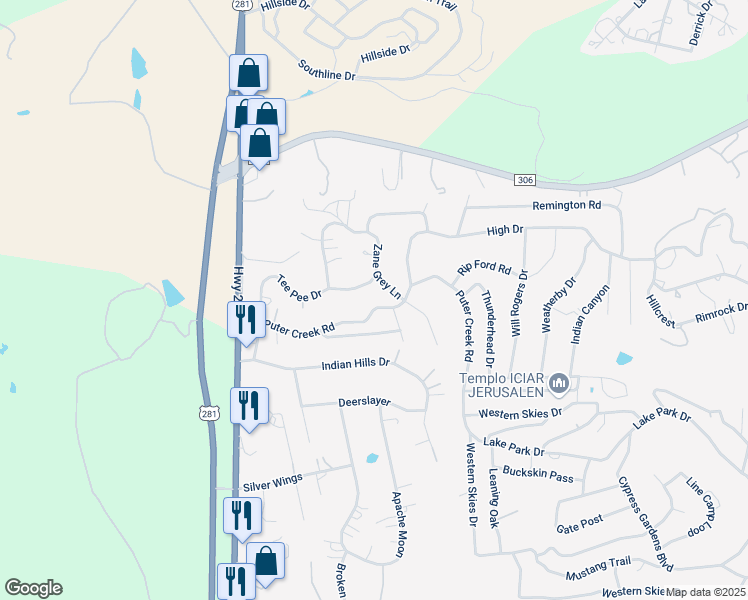 map of restaurants, bars, coffee shops, grocery stores, and more near 2560 Puter Creek Road in Spring Branch