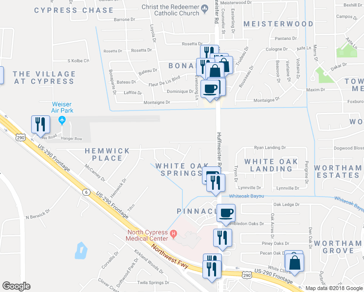 map of restaurants, bars, coffee shops, grocery stores, and more near 10810 White Oak Falls Court in Cypress