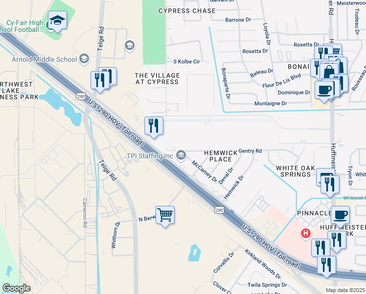 map of restaurants, bars, coffee shops, grocery stores, and more near 21831 Gentry Road in Cypress