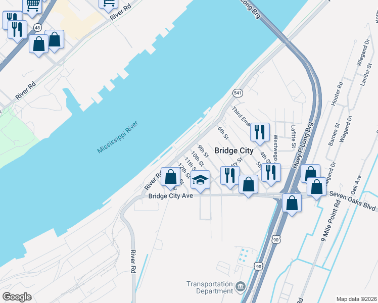 map of restaurants, bars, coffee shops, grocery stores, and more near 117 11th Street in Bridge City