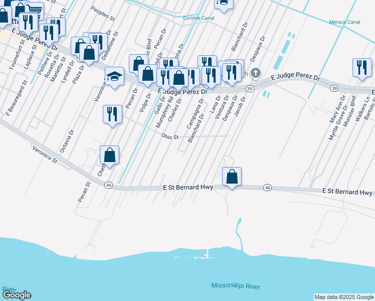 map of restaurants, bars, coffee shops, grocery stores, and more near 2120 Lena Drive in Chalmette