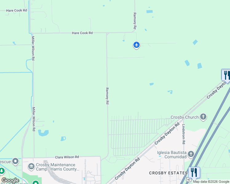 map of restaurants, bars, coffee shops, grocery stores, and more near 17330 Ramsey Road in Crosby