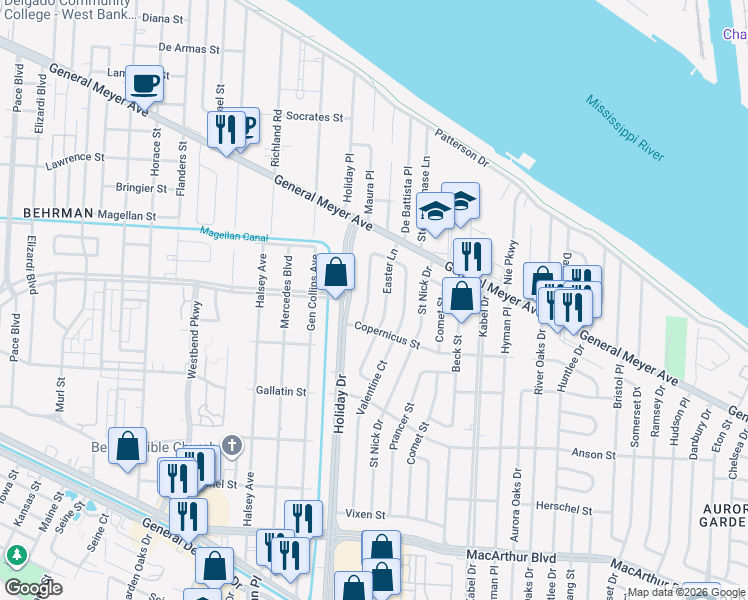 map of restaurants, bars, coffee shops, grocery stores, and more near 2143 Easter Lane in New Orleans